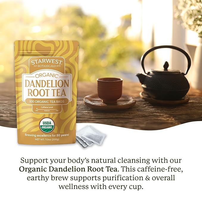 Starwest Botanicals Organic Dandelion Root Tea - Cleansing Herbal Tea, Caffeine Free, Natural Elimination Support, USDA Organic Dandelion Root Roasted, Non GMO - Bulk Pack, 100 Tea Bags