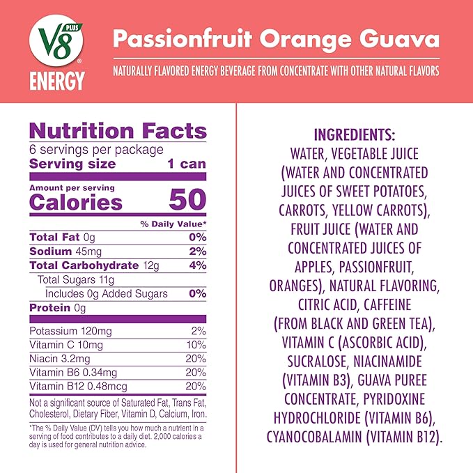 V8 +Energy Passionfruit Orange Guava Juice Energy Drink, 8 fl oz Can (24 Pack)