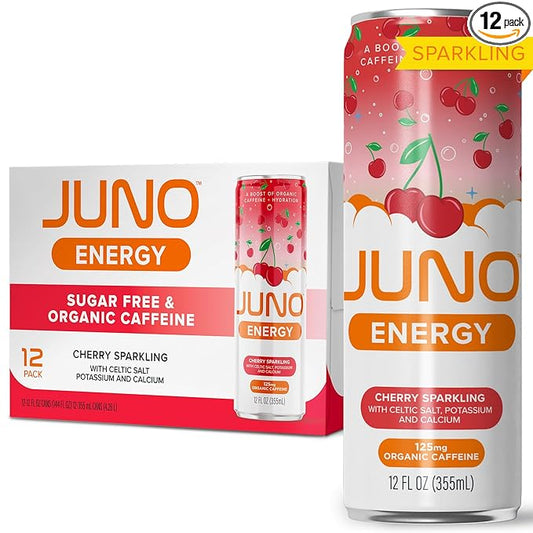 JUNO ENERGY Organic Cherry Sparkling Drink - Sugar Free Electrolytes, Energizing and Hydrating with 125mg Organic Caffeine from Green Coffee Beans, Organic Monk Fruit, Organic Sour and Black Cherry Juice & Electrolytes - Vegan, Gluten Free, 12 Pack