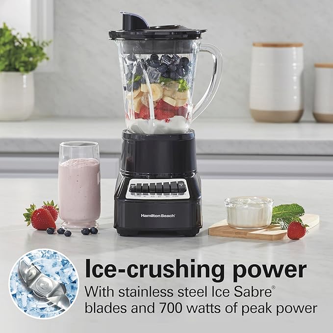 Hamilton Beach Wave Crusher Blender for Smoothies With 40 Oz Glass Jar and 14 Functions, Ice Sabre Blades & 700 Watts for Consistently Smooth Results, Black & Stainless Steel (54220)