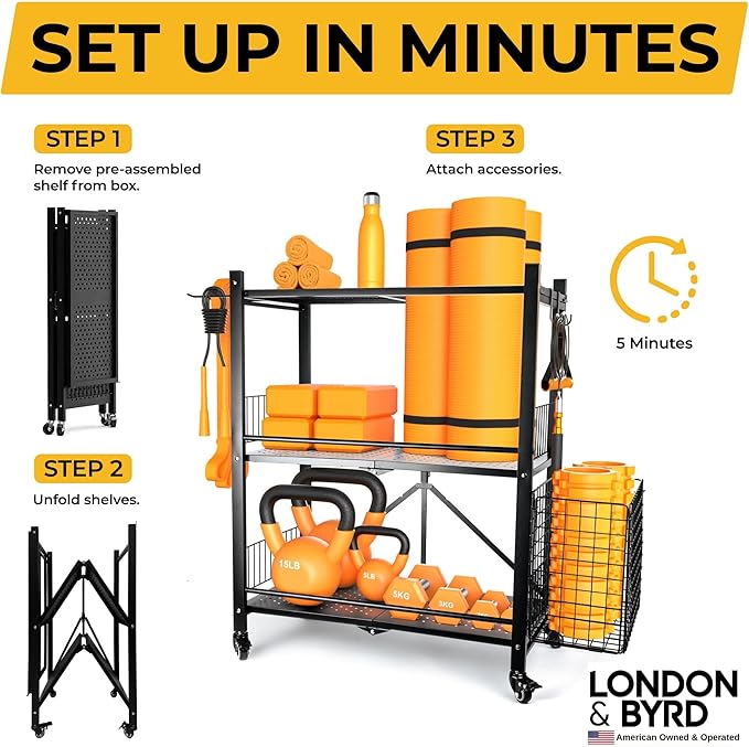 London & Byrd - No Assembly - Home Gym Storage Rack. Steel Construction, Heavy Duty Wheels, with Basket and Hooks. Great for Home Gym Equipment, Yoga mats, Kettlebells, and Small Dumbbell Storage.