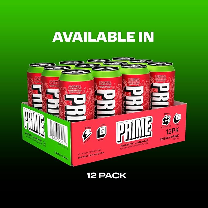PRIME Energy CHERRY LIMEADE, Zero Sugar Energy Drink, 200mg Caffeine and 300mg of Electrolytes for Hydration, Vegan, Gluten Free,16 Fluid Ounce, 12 Pack
