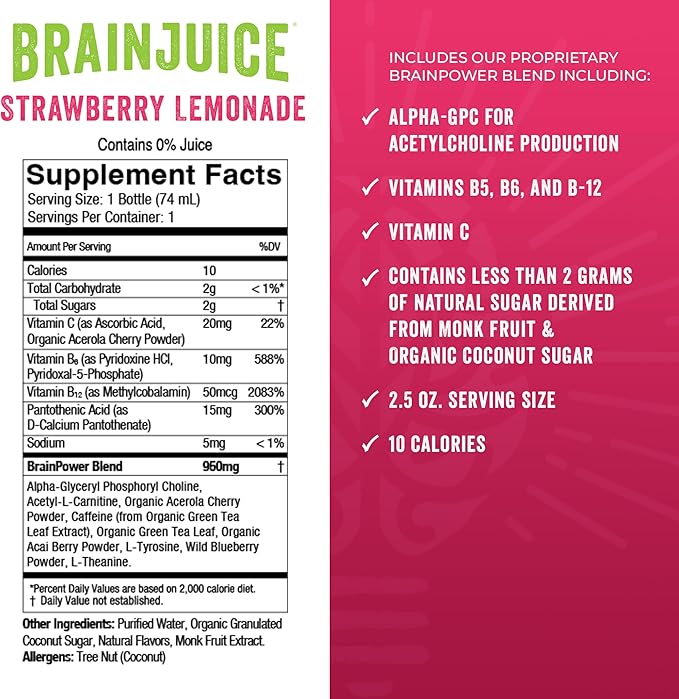 BrainJuice Energy & Focus Shot, Gluten Free Supplement, Healthy Drinks with Alpha GPC, Vitamin B & Organic Green Tea Extract Caffeine, Strawberry Lemonade, 2.5 fl oz, 12 Pack
