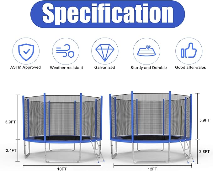 TRY & DO 10FT 12FT Trampoline for Kids and Adults - Outdoor Recreational Jump Bounce Trampoline with Enclosure Net and Ladder and Spring Pad - Family Fun Healthy Time