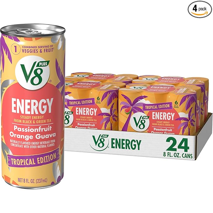 V8 +Energy Passionfruit Orange Guava Juice Energy Drink, 8 fl oz Can (24 Pack)