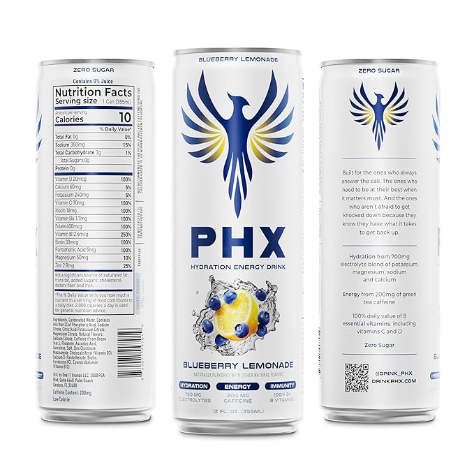 PHX Hydration Energy Drink - 700mg Electrolytes, 200mg Natural Green Tea Caffeine, 100% Daily Value 8 Essential Vitamins - 12 oz Cans (12 Pack) (12 Pack, Blueberry Lemonade)