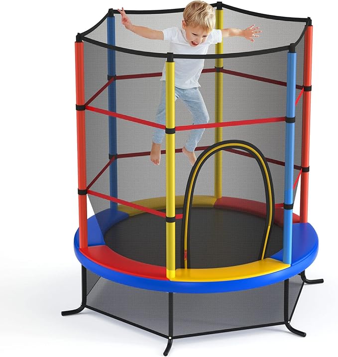 GYMAX Toddler Trampoline, 55” Trampoline for Kids with Bottom-to-Top All-Round Enclosure Net & Seamless Jumping Mat, ASTM Approved Easy Assembly Kids Mini Trampolines Indoor/Outdoor