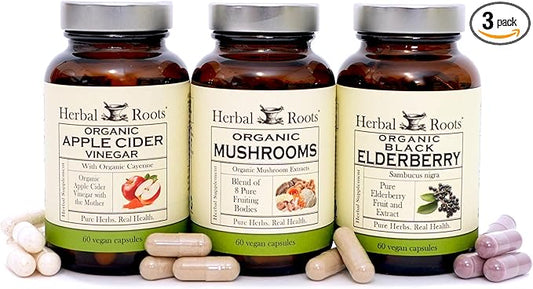 Herbal Roots Certified Organic Skin Health Trio, Apple Cider Vinegar, Fruiting Body Mushroom Blend, Black Elderberry,