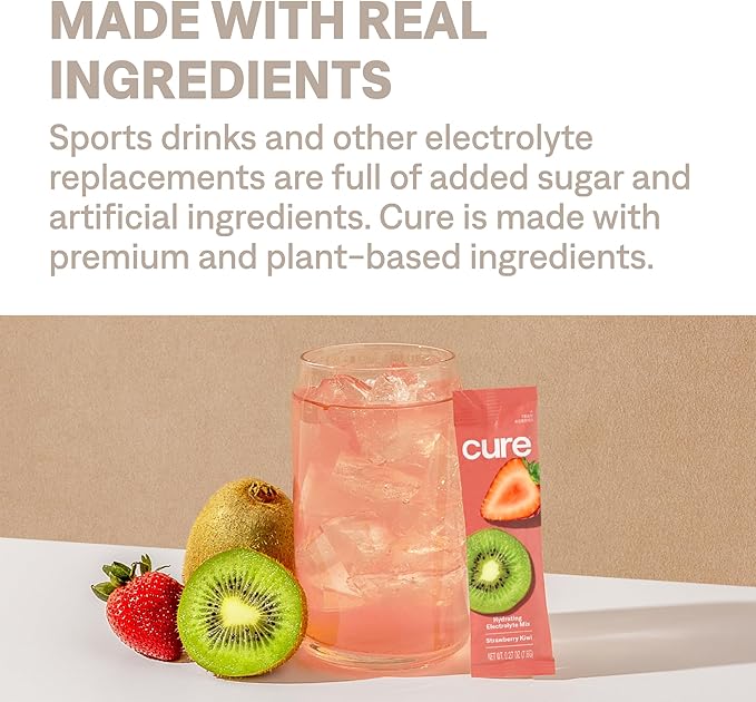 Cure Hydration | Plant-Based Electrolyte Drink Mix | No Added Sugar | FSA-HSA | Dehydration Relief Powder Made with Coconut Water | Non-GMO | Vegan | 28 Servings Jar - Strawberry Kiwi