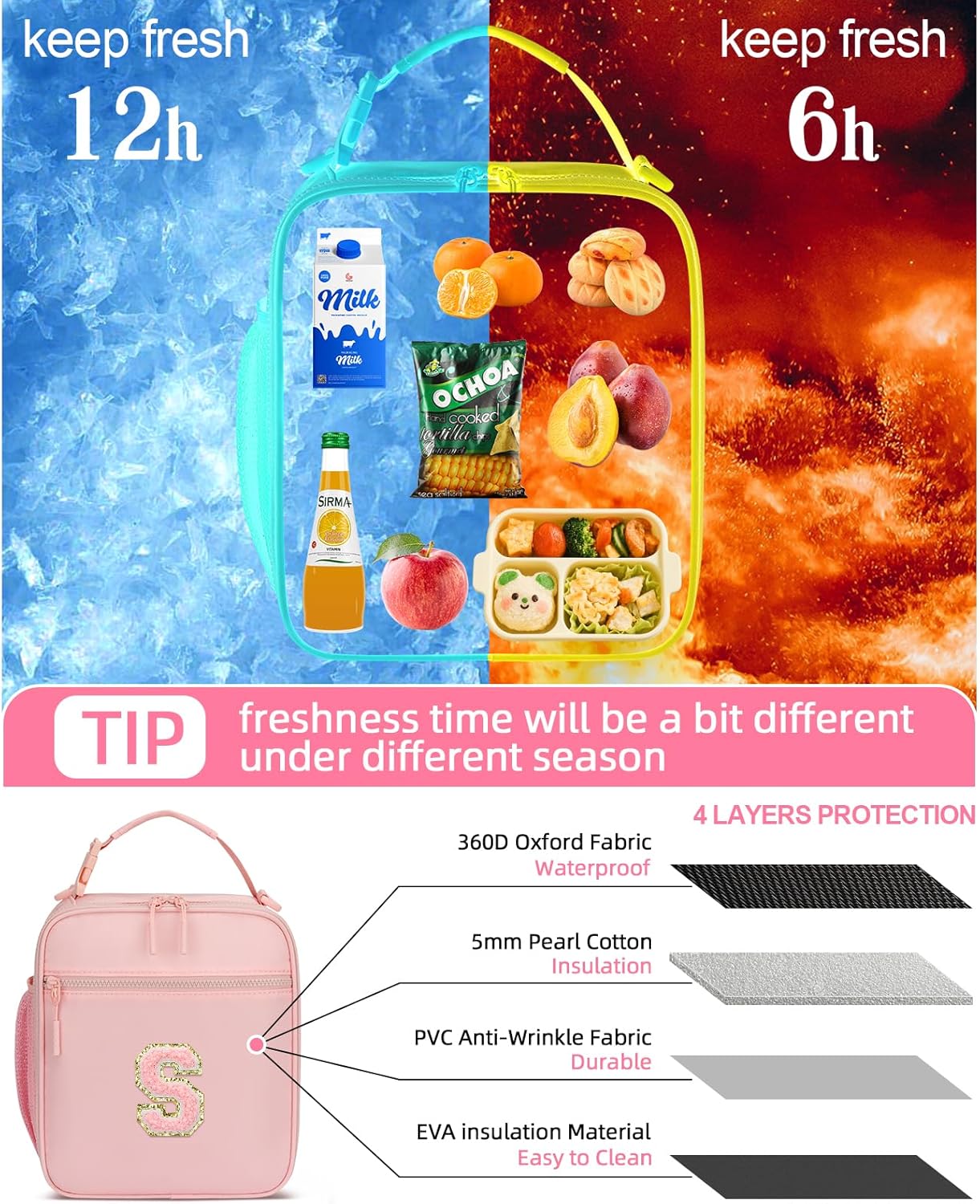 Initial Insulated Lunch Bag for Girls Kids, Back to School Gift, Reusable Leak-proof Lunch Box with Adjustable Strap for School Daycare Travel Picnic (Pink,S)