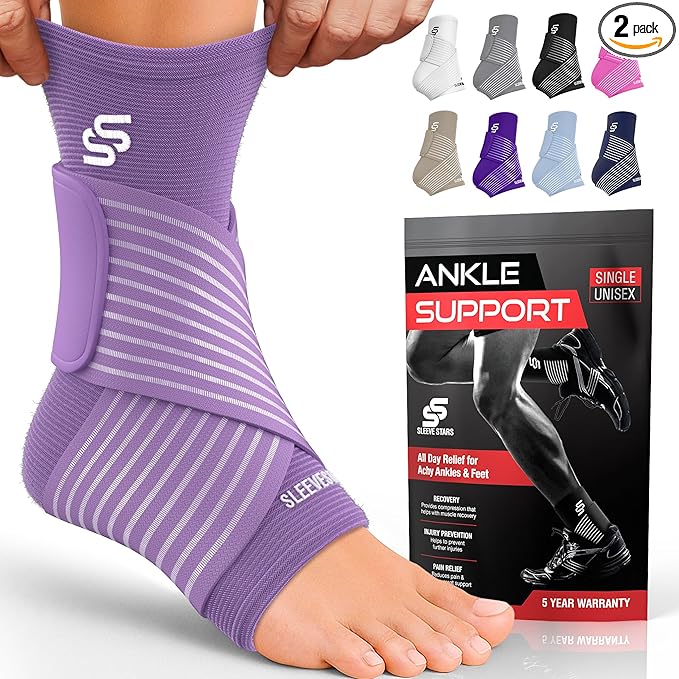 Sleeve Stars Ankle Brace for Women & Men, Ankle Wrap for Sprain, Compression Sleeve for Plantar Fasciitis Relief, Easy Customizable Support: w/ Removable Strap (Pair/M:10"-12"/Light Purple)