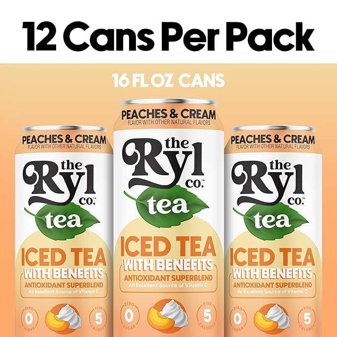 Ryl Iced Tea, Peaches & Cream Tea, Antioxidant Superblend, Zero Sugar, Low Carb, Zero Calorie Iced Tea, 16.0 Fl Oz (12-Pack)