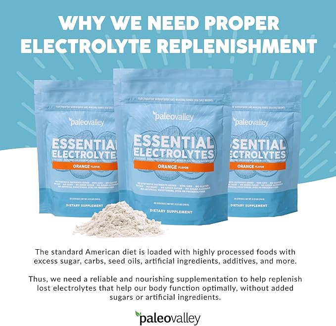 Paleovalley Essential Electrolytes Powder - Full Spectrum Orange Electrolyte Powder for Hydration, Energy and Muscle Recovery - No Sugar Added - 28 Servings