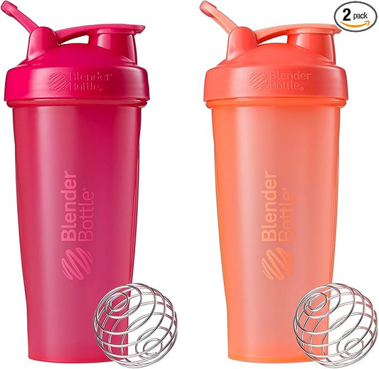 BlenderBottle Classic Shaker Bottle Perfect for Protein Shakes and Pre Workout, 28-Ounce (2 Pack), Pink and Coral