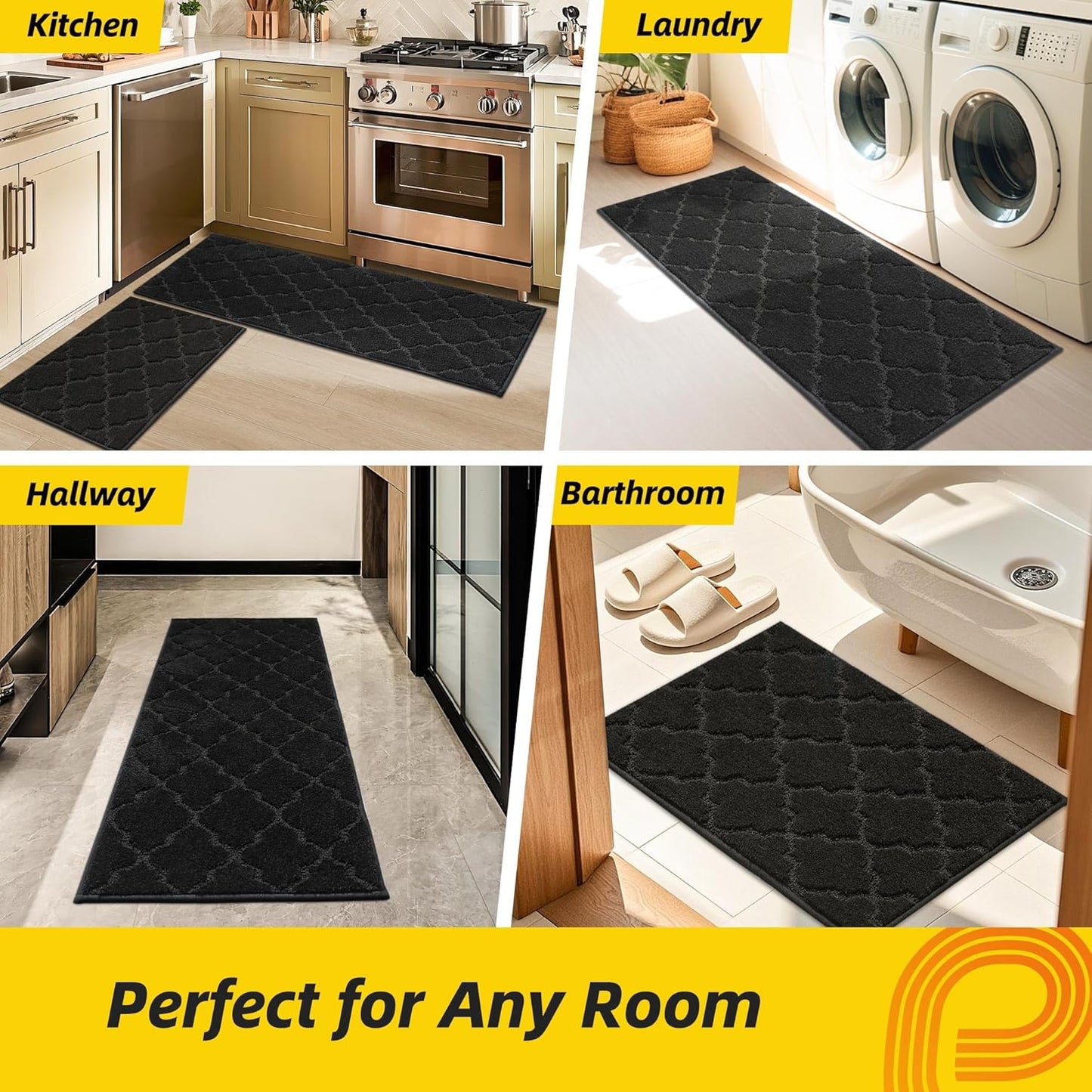 JSEI Kitchen Rugs, Non-Slip Kitchen Mats for Floor, Soft Washable Absorbent Kitchen Mats 2 Pieces, Kitchen Carpet Runner with TPR Backing, Polyester, 20”x32”+20”x48”, Black