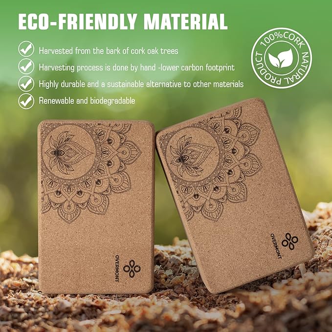 Overmont Cork Yoga Blocks 2 pack with 8ft Strap Natural Cork Bricks- High Density & Eco Friendly Yoga Accessories for Women - Ideal for Yoga Pilates General Fitness and Stretching 9x6x3''