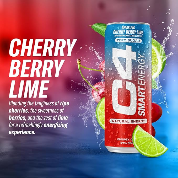 Cellucor C4 Smart Energy Drink – Boost Focus and Energy with Zero Sugar, Natural Energy, and Nootropics - 200mg Caffeine - Cherry Berry Lime (12oz Pack of 12)