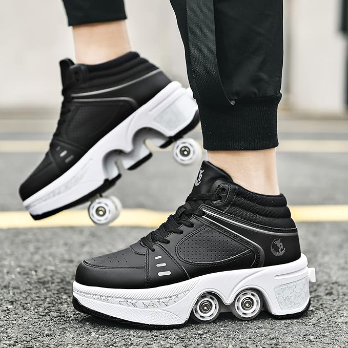 Roller Skate Shoes for Women Four Rounds Children's Roller Skates Shoes That Turn into Rollerskates Sneakers Outdoor Light Shoes with Wheels for Girls/Boys