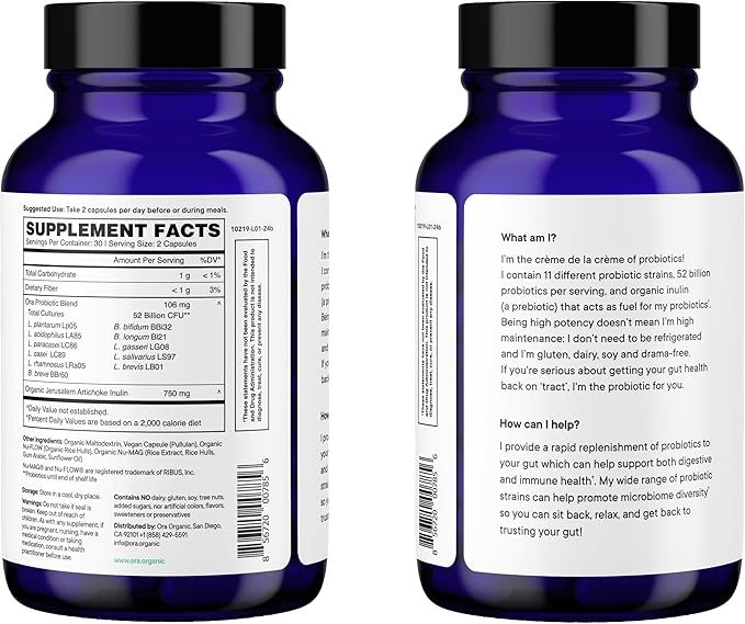Ora Organic Probiotics with Prebiotics - 52 Billion CFU 11 Clinically Studied Strains for Digestive Health, Trust Your Gut, Gluten Free, 60 Capsules