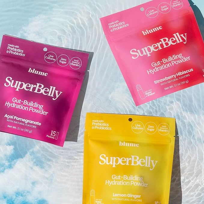 Blume New SuperBelly Gut Health and On-The-Go Hydration Packets, Sugar-Free, with Prebiotics, Probiotics, Apple Cider Vinegar, Vitamin C, and Electrolytes, Lemon Ginger, 15 Sticks