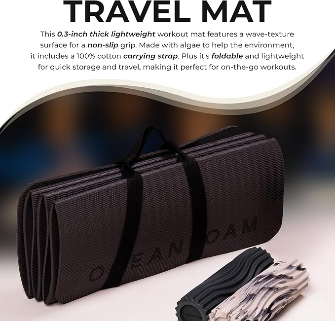 Oceanfoam Travel Workout Mat – 0.3" Thick Folding Exercise Mat for Yoga, Pilates, & Fitness – Non-Slip with Cotton Carrying Strap, Made with Sustainable Algae Foam – 24" x 72" (Charcoal)