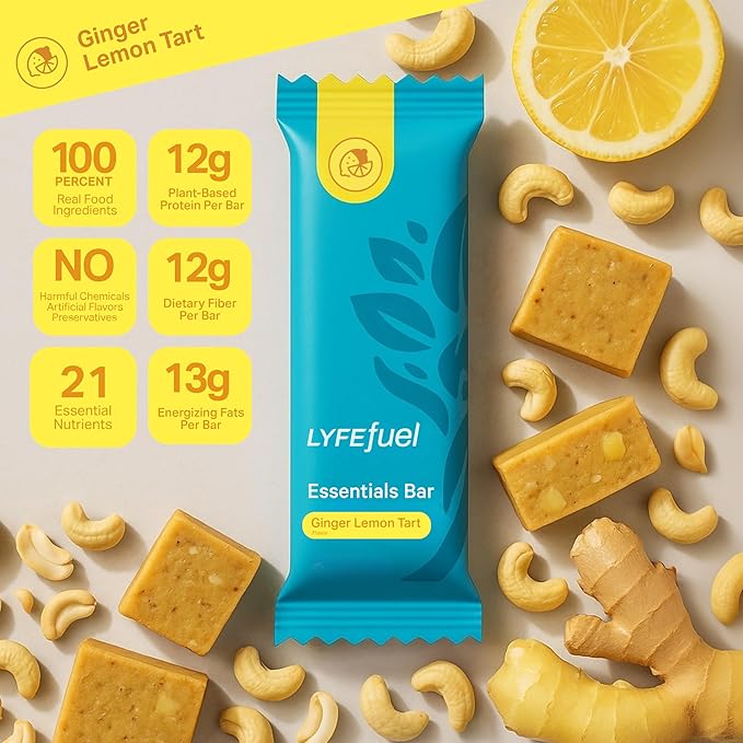 Essential Nutrition Bars by LyfeFuel | Vegan Protein Bar & Low Carb Meal Replacement for Intermittent Fasting and Hunger Control | 12g Plant-Based Protein, High Fiber, MCT Oil and 21 Organic Vitamins | No Sugar Alcohols (Lemon Ginger Tart)