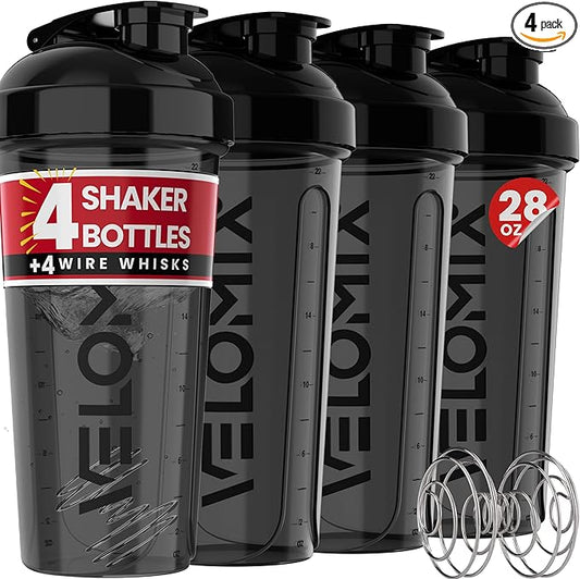 '-4 PACK- 28 oz Protein Shaker Bottle for Protein Mixes - 4x Wire Whisk | Leak Proof Shaker Cups for Protein Shakes | Protein Shaker Bottle Pack | Protein Shake Cup(All in Black)