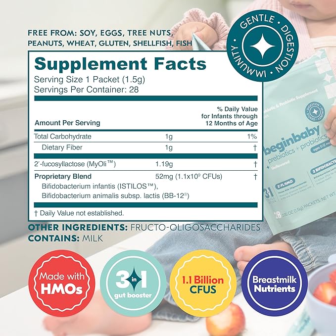 Begin Health BeginBaby Prebiotics and Probiotics for Infants 0-12 Months | Baby Formula Prebiotic + Probiotic Powder with 2'-FL HMO's & B. Infantis for Optimal Digestion | 28-Packs - Unflavored
