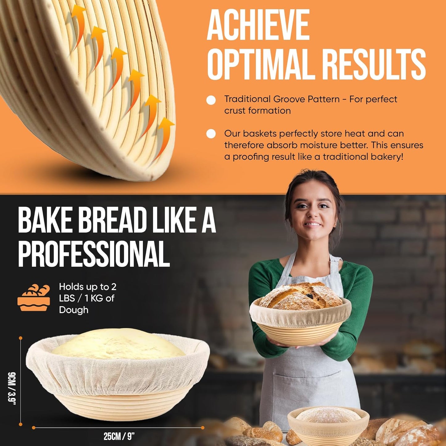 Trailblaze Banneton Bread Proofing Basket - Sourdough Bread Baking Supplies – Sourdough Starter Kit – Sourdough Proofing Basket Gift for Bakers - Round Bread Basket (9 Inch)