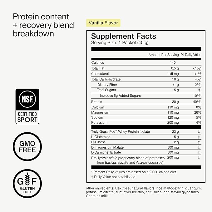 Momentous Recovery Grass-Fed Whey Protein Powder - 20 g Post-Workout Whey Isolate Protein - NSF Certified for Sport - Gluten-Free - 15 Servings - Vanilla - Package May Vary