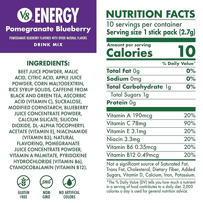 V8 Energy Pomegranate Blueberry Energy Drink Powder, .10 oz Packet (10 Count)