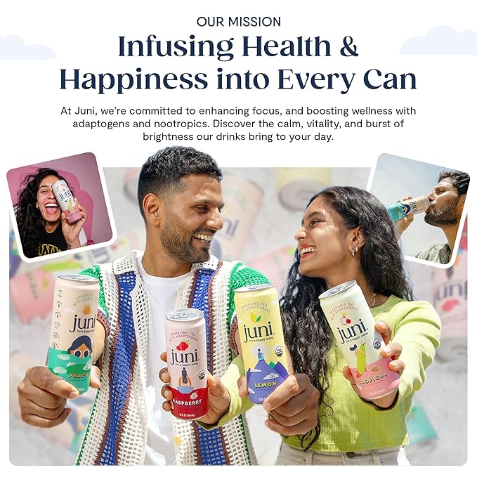 Juni Sparkling Adaptogen Drink with Ashwagandha, Lion’s Mane & Reishi Mushrooms | Green Tea for Focus, Zero Sugar, 5 Calories, Organic | Non Alcoholic Drinks - Variety Pack 12 pack