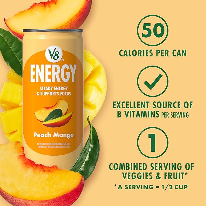 V8 Energy Peach Mango Energy Drink, 8 fl oz Can (6 Pack)