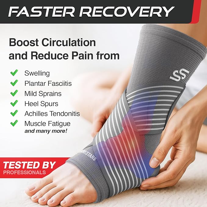 Sleeve Stars Ankle Brace for Women & Men, Ankle Wrap for Sprained Ankle, Compression Sleeve for Plantar Fasciitis Relief, Easy Customizable Support: w/Removable Strap (Pair/M:10"-12"/Gray)