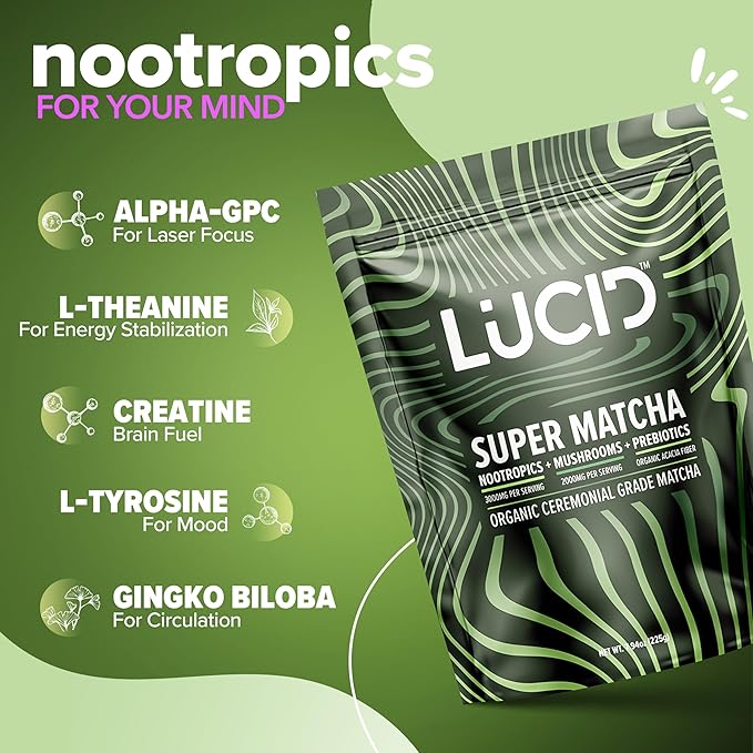 Lucid Superfood Organic Mushroom Matcha with Nootropics - Lion's Mane, Tremella, Cordyceps & Turkey Tail - Instant Mushroom Matcha Focus Brain Health - Alpha GPC, L-Theanine, Ginko Biloba - USA Made