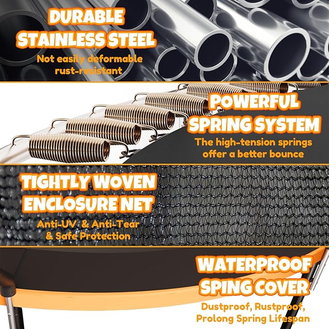 Trampoline 8FT 10FT 12FT 14FT 16FT, Outdoor Trampolines for Kids and Adults, Recreational Trampoline with Enclosure Net & Ladder, Round Trampoline ASTM Approved, 400/450LBS Weight Capacity