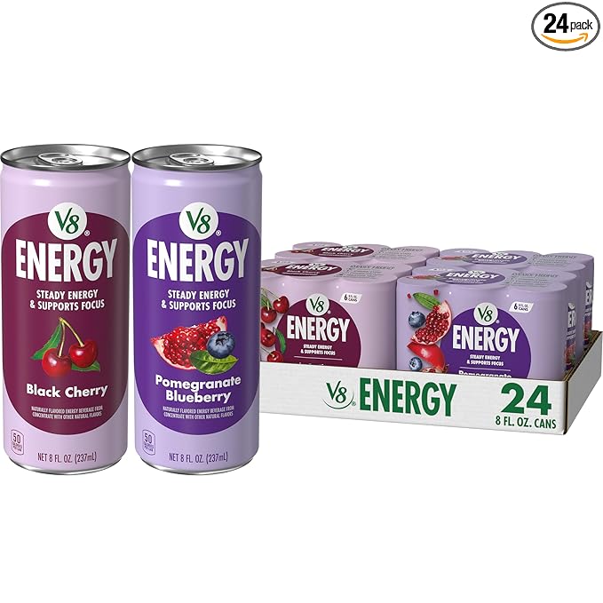 V8 +Energy Black Cherry and Pomegranate Blueberry Juice Energy Drinks, 8 fl oz Can (24 Pack)