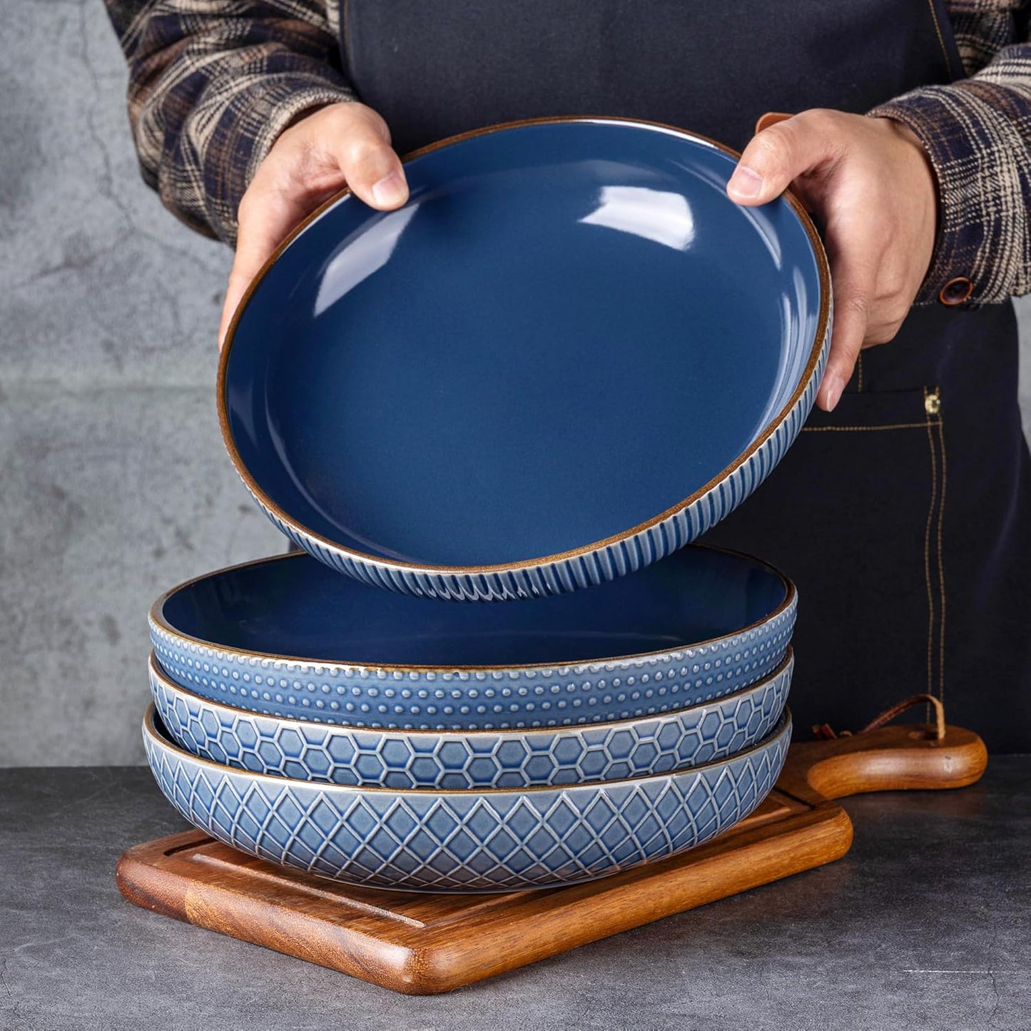 GBHOME 9.5'' Large Pasta Bowls, 42 Ounce Stoneware Salad Bowls for Kitchen, Ceramic Serving Bowls With Textured Pattern for Pasta,Fruit, Stews,Noodle, House-warming Gift, Set of 4-Moonlight Blue