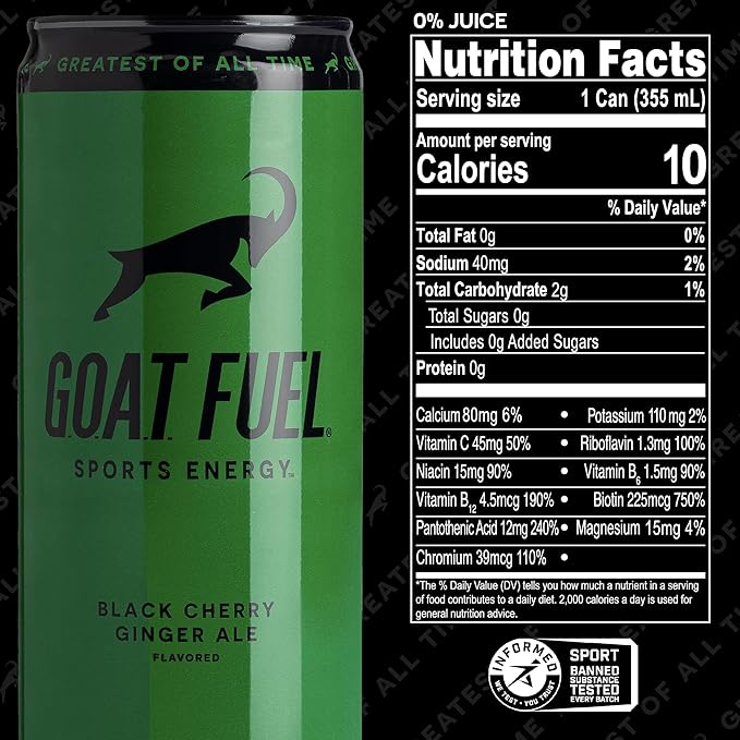 G.O.A.T. Fuel Energy Drink, Co-Founded by Jerry Rice, Natural Caffeine, Electrolytes, BCAAs, Cordyceps & Antioxidants, Light Carbonation Pre Workout, 12 Pack, 12 FL Oz, Black Cherry Ginger Ale