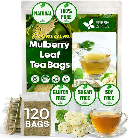 FreshDrinkUS Premium 120 Mulberry Leaf Tea Bags, 100% Natural & Pure. Loose Leaf Herbal Tea. Made with Natural Material Tea Bags. No Sugar, No Caffeine, No Gluten, Vegan