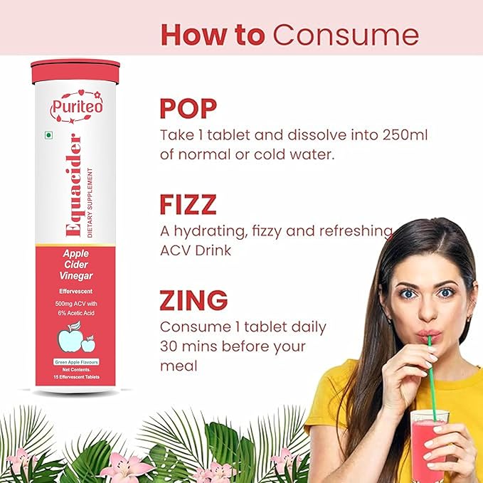 PURITEO-EQUACIDER Apple Cider Vinegar Effervescent Tablets with The Mother, Vegan, No Added Sugar, Non-GMO & Gluten-Free Tablet - (15 Tablets Each, Pack of 2)