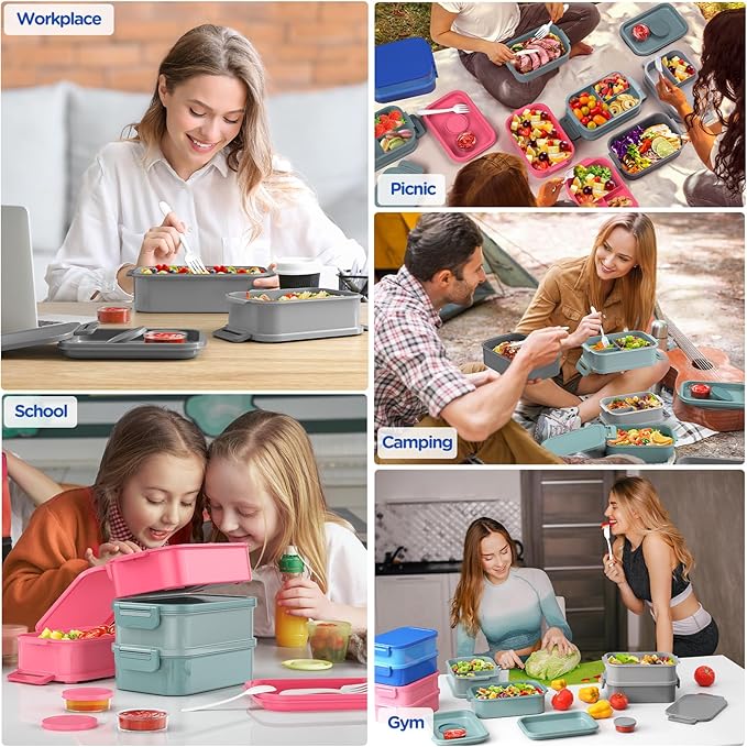 DaCool Bento Box Adults Lunch Container - 74 OZ Stackable Leakproof Bento Lunch Box for Adults Men Boys Teens Large Lunch Box Containers with Fork Spoon Sauce Boxes for Work School Dining Out, Blue