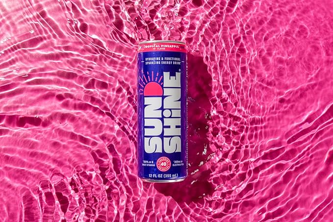 Sunshine Sparkling Energy Drink, Tropical Pineapple with Daily Essential Vitamins, 360mg of Electrolytes, 70mg of Natural Caffeine, 12 Fl Oz (Pack of 12)