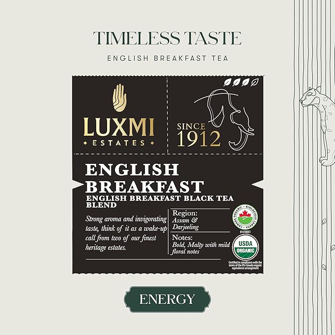 Luxmi Estates English Breakfast Tea 250g Loose Leaf Tin | A Tale of Two Estates | Certified Organic Black Tea leaf | Smooth, Flavorful, Robust, Caffeinated | Darjeeling & Assam Tea from India | 125 Cups