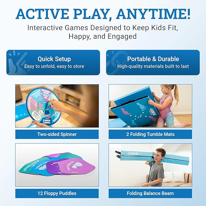 Gibson Athletic Engage Gymnastics Games, At Home Gymnastics Gym Equipment For Aspiring Gymnasts, Folding Tumbling Mat With Carry Handles, Folding Balance Beam, Spinning Wheel, Kids Exercise, Multiple Set-Up Options