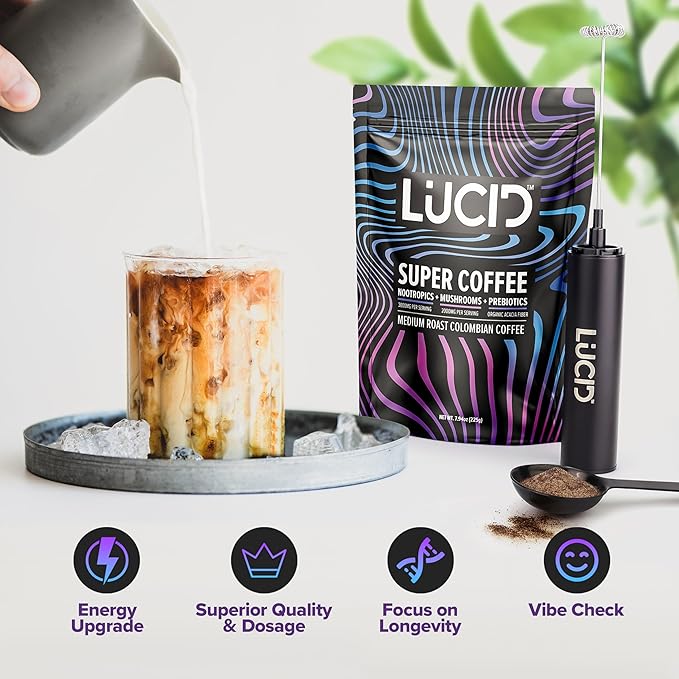 Lucid Superfood Organic Mushroom Coffee with Nootropics - Lion's Mane, Tremella, Cordyceps & Turkey Tail - Instant Mushroom Coffee Focus Brain Health - Alpha GPC, L-Theanine, Ginko Biloba - USA Made