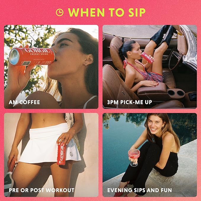 GORGIE Sugar Free Natural Energy Drinks, Sparkling Watermelon Crush (12 Pack) - Healthy Energy Drink - Natural Coffee Replacement with Green Tea Caffeine and Biotin, 150mg Caffeine, Vegan, Low Calorie