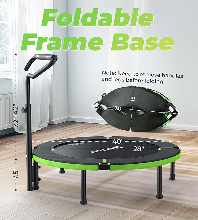 BCAN 40"/48" Foldable Mini Trampoline, Rebounder Trampoline for Adults, U/T Shape Adjustable Foam Handle, Exercise Rebounder for Adults Indoor/Garden Workout, Max Load 330lbs/440lbs