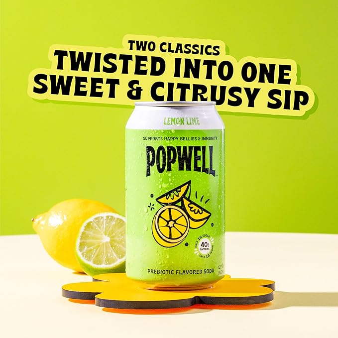 Popwell Lemon Lime Caffeinated Better-For-You Prebiotic Soda, with 6g Fiber, 1g Sugar, Vitamins and Immunity Support, 12 fl oz Cans (pack of 12)