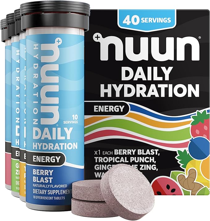 Nuun Energy Electrolyte Tablets with Ginseng, Caffeine from Green Tea Extract, Vitamin B12, B6, B5, Magnesium & 4 Other Electrolytes, Gluten Free & Vegan, Mixed Flavors, 4 Pack (40 Servings Total)